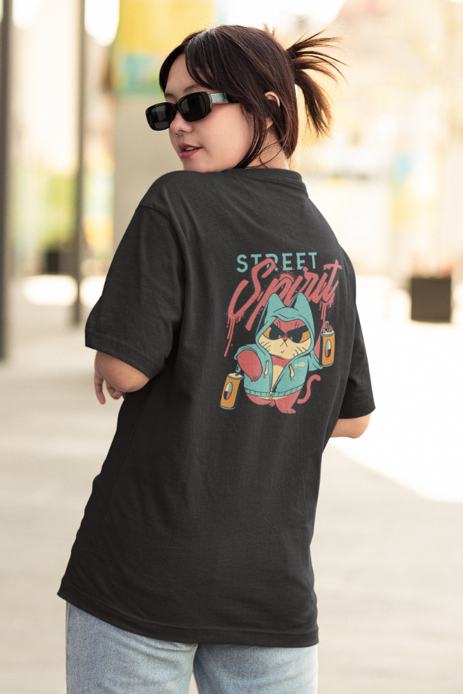 Street Cat Spirit Black Printed Oversized T-Shirt For Women - WowWaves - 2