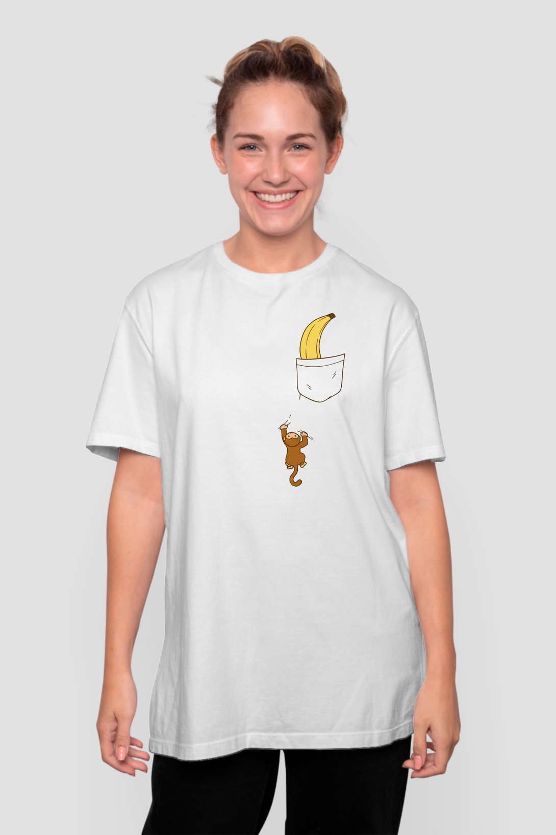 Monkey Climbing White Printed Oversized T-Shirt For Women - WowWaves - 5