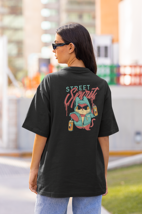 Street Cat Spirit Black Printed Oversized T-Shirt For Women - WowWaves