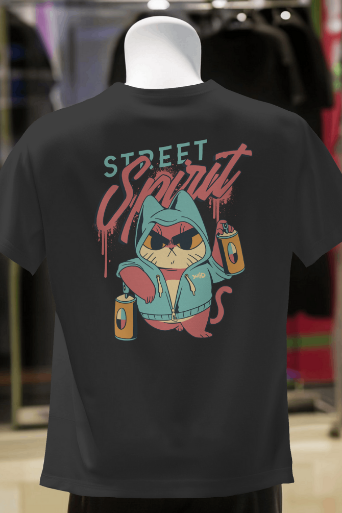 Street Cat Spirit Black Printed Oversized T-Shirt For Women - WowWaves - 3