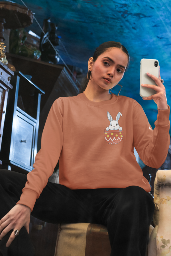 Rabbit Pocket Coral Printed Sweatshirt For Women - WowWaves