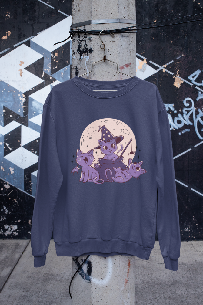 Halloween Cute Cats Navy Blue Printed Oversized Sweatshirt For Women - WowWaves - 4