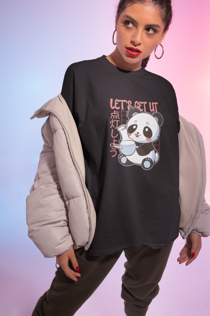 Panda With Bong Black Printed Oversized T-Shirt For Women - WowWaves - 2