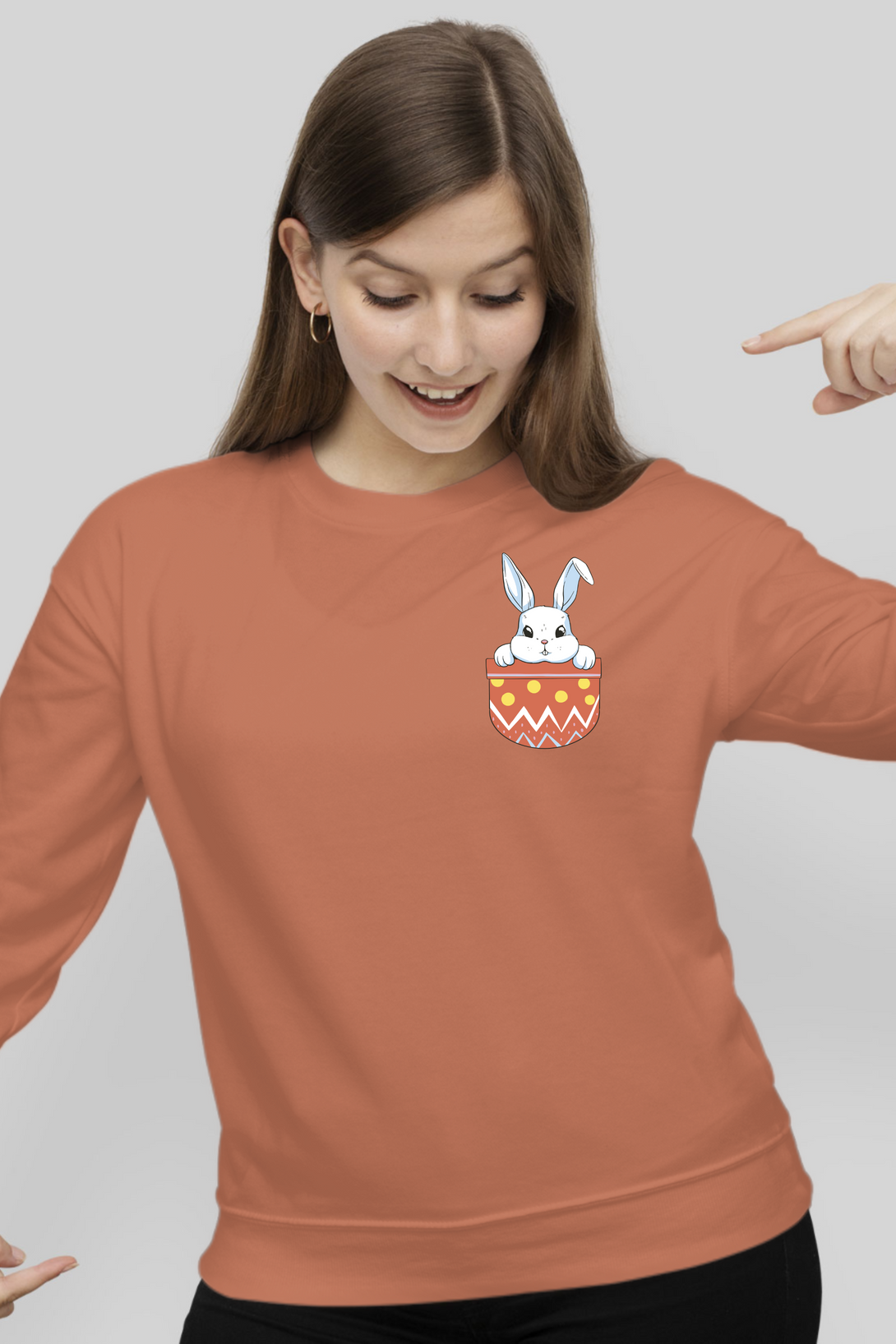 Rabbit Pocket Coral Printed Sweatshirt For Women - WowWaves - 4