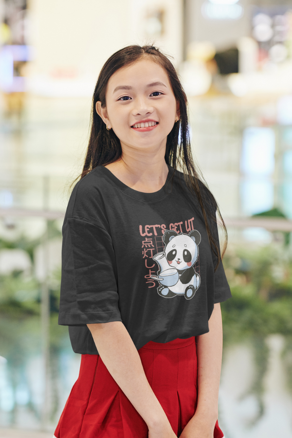 Panda With Bong Black Printed Oversized T-Shirt For Women - WowWaves