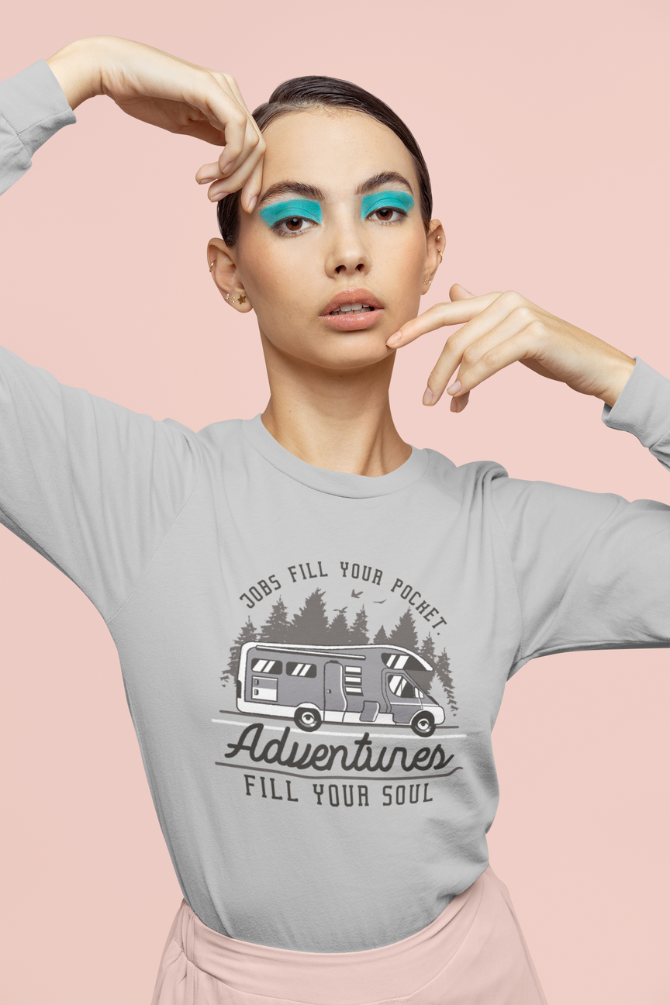 Camper Van Adventure Grey Melange Printed Sweatshirt For Women - WowWaves - 3