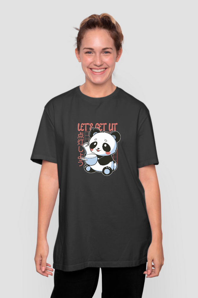 Panda With Bong Black Printed Oversized T-Shirt For Women - WowWaves - 3