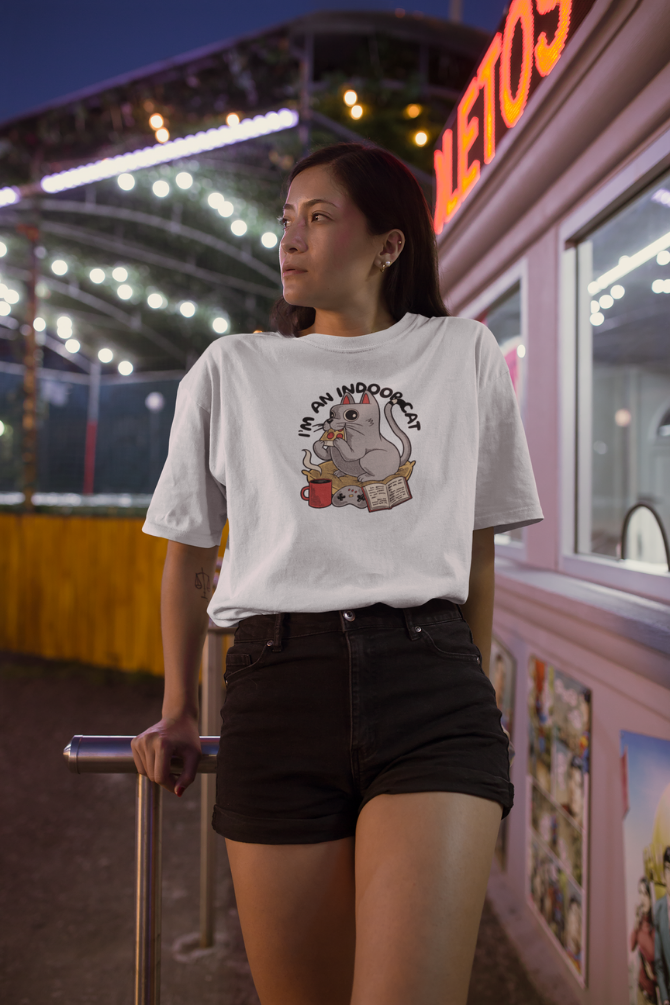 Chill Indoor Cat White Printed Oversized T-Shirt For Women - WowWaves - 1