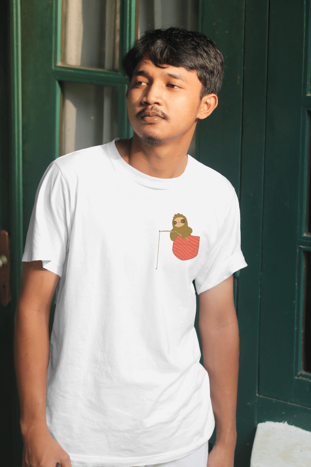 Fishing Sloth White Printed T-Shirt For Men - WowWaves - 2