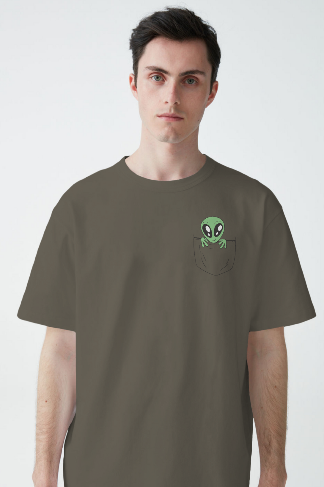 Space Alien In A Pocket Printed Oversized T-Shirt For Men - WowWaves - 6