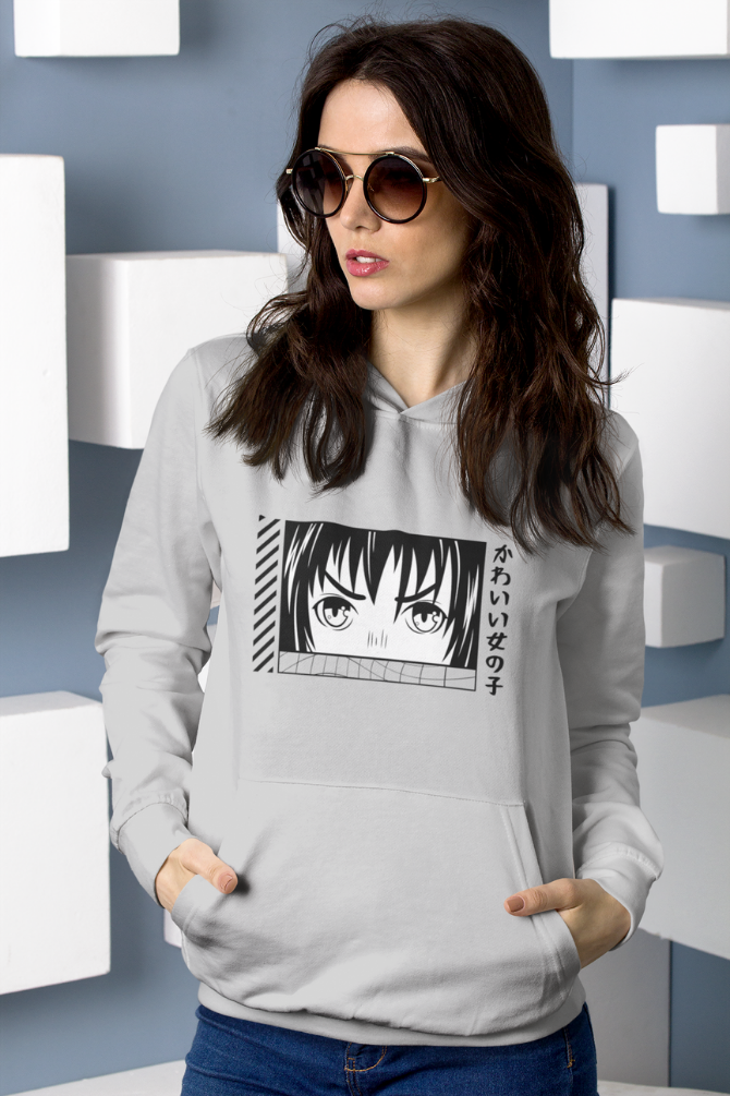 Anime Face Grey Melange Printed Hoodie For Women - WowWaves - 3