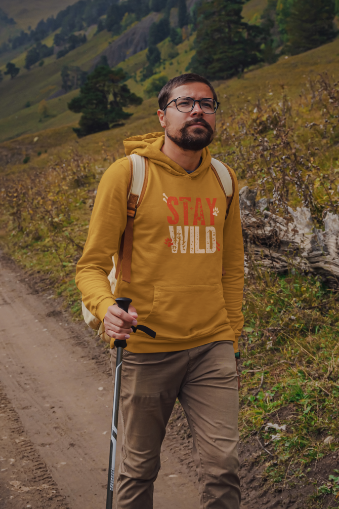 Stay Wild Mustard Yellow Printed Hoodie For Men - WowWaves