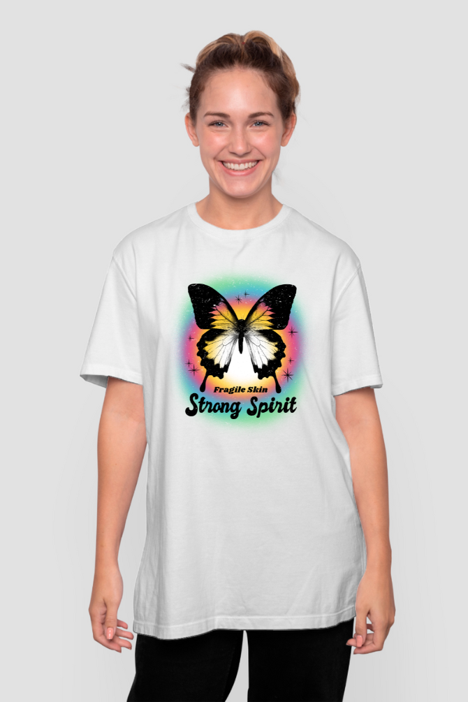 Strong Spirit White Printed Oversized T-Shirt For Women - WowWaves - 3