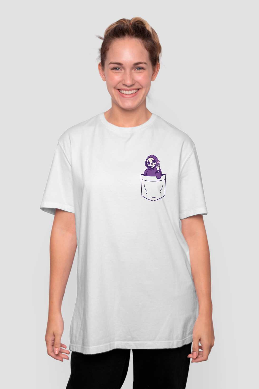 Cute Pocket Grim Reaper Printed Oversized T-Shirt For Women - WowWaves - 7
