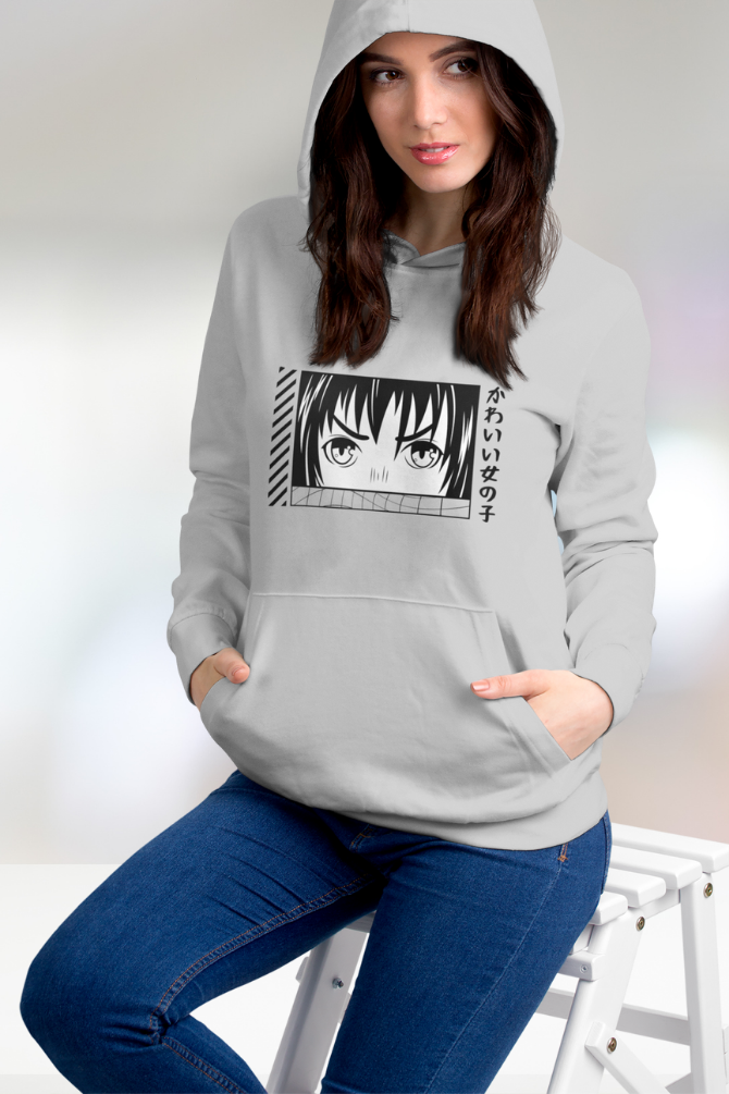 Anime Face Grey Melange Printed Hoodie For Women - WowWaves - 4