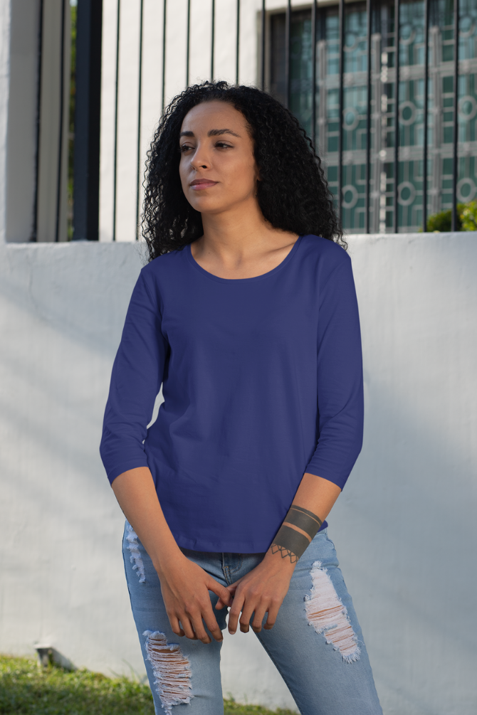 Royal Blue 3 4Th Sleeve T-Shirt For Women - WowWaves - 2