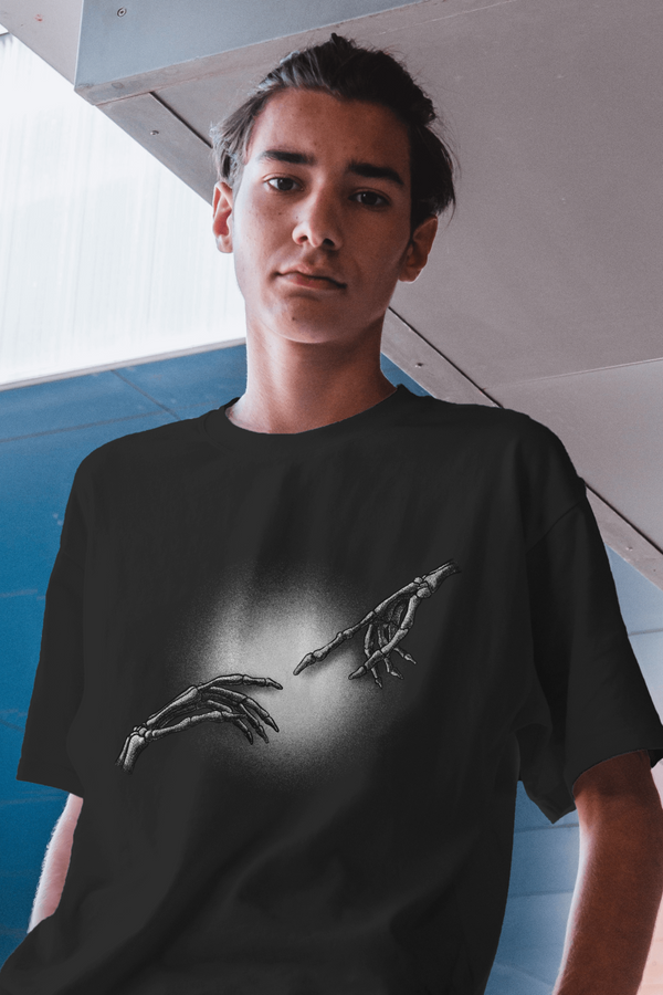 The Creation Of Adam Skeleto Black Printed Oversized T-Shirt For Men - WowWaves