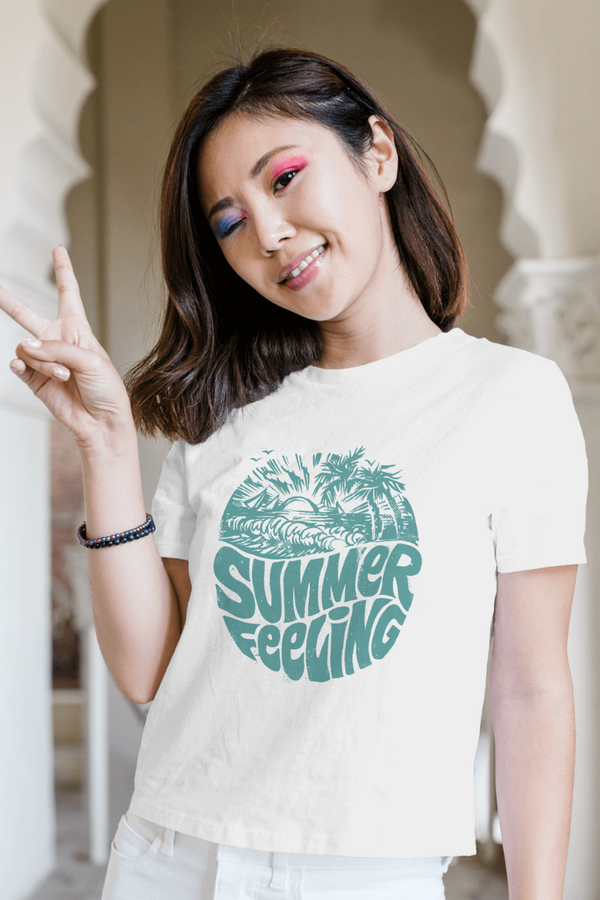 Summer Feeling White Printed T-Shirt For Women - WowWaves