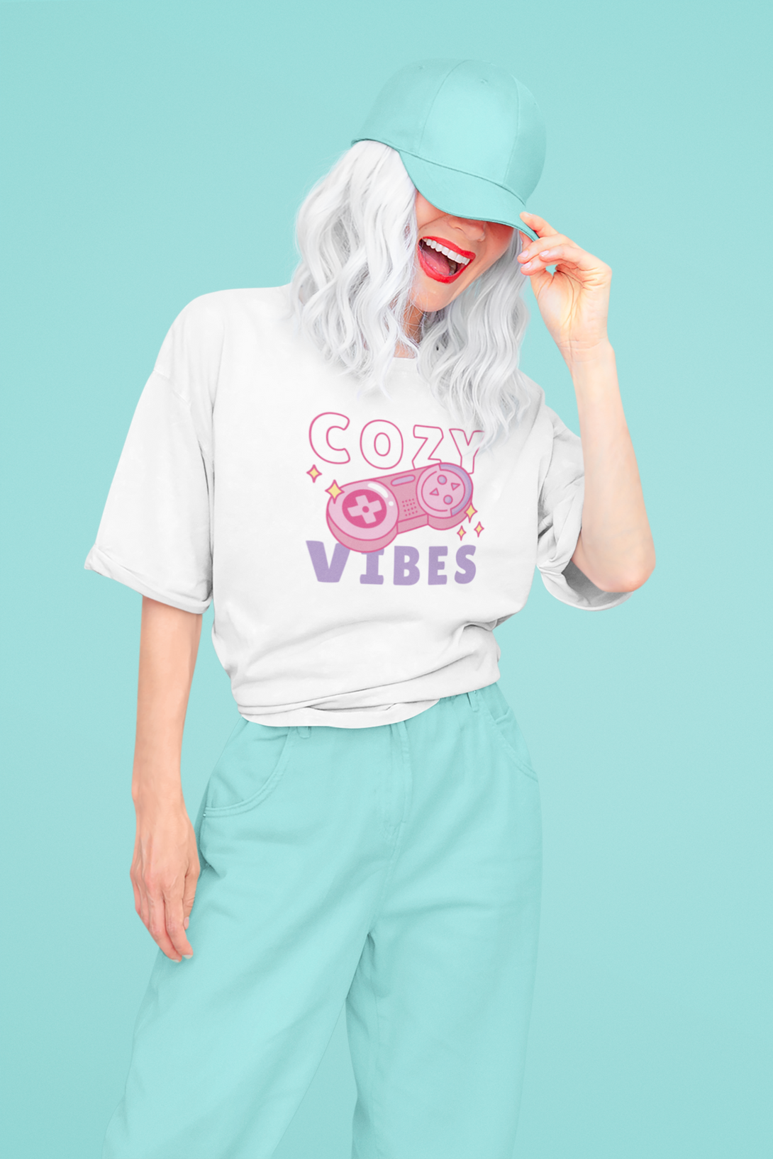 Retro Cozy Vibes White Printed Oversized T-Shirt For Women - WowWaves - 3