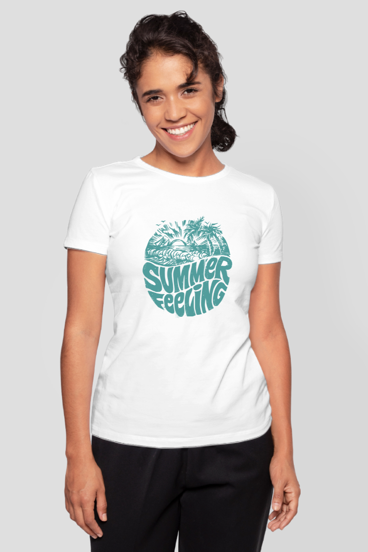 Summer Feeling White Printed T-Shirt For Women - WowWaves - 4