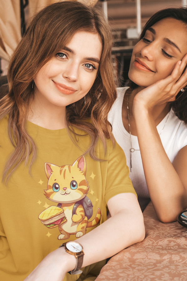 Happy Cat Lunch Mustard Yellow Printed Oversized T-Shirt For Women - WowWaves