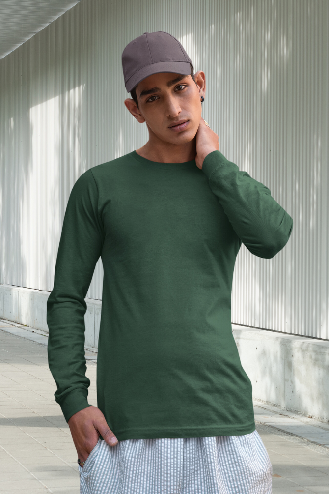 Bottle Green Full Sleeve T-Shirt For Men - WowWaves - 2