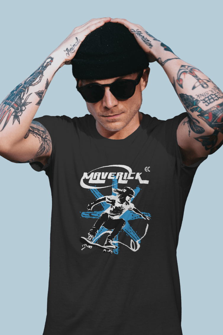 Maverick Skateboarder Black Printed T-Shirt For Men - WowWaves - 2