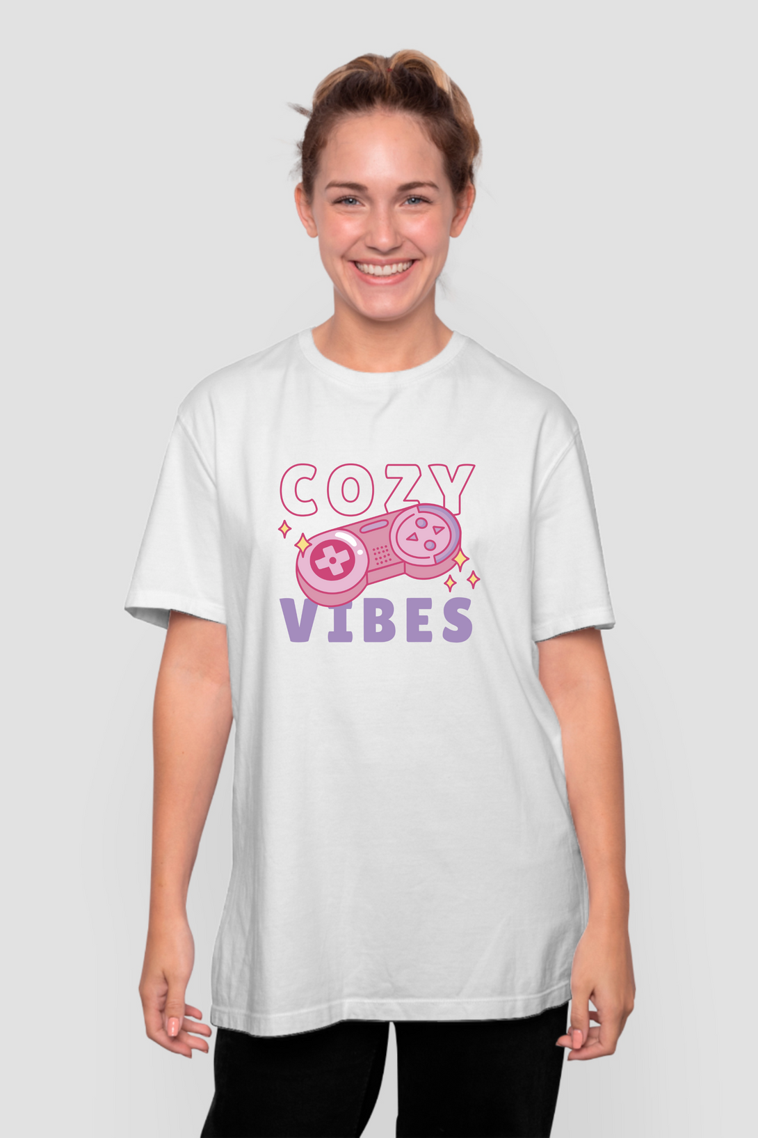 Retro Cozy Vibes White Printed Oversized T-Shirt For Women - WowWaves - 4