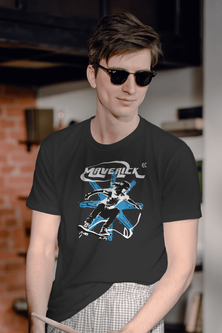 Maverick Skateboarder Black Printed T-Shirt For Men - WowWaves - 3