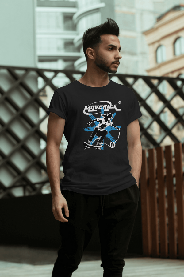 Maverick Skateboarder Black Printed T-Shirt For Men - WowWaves