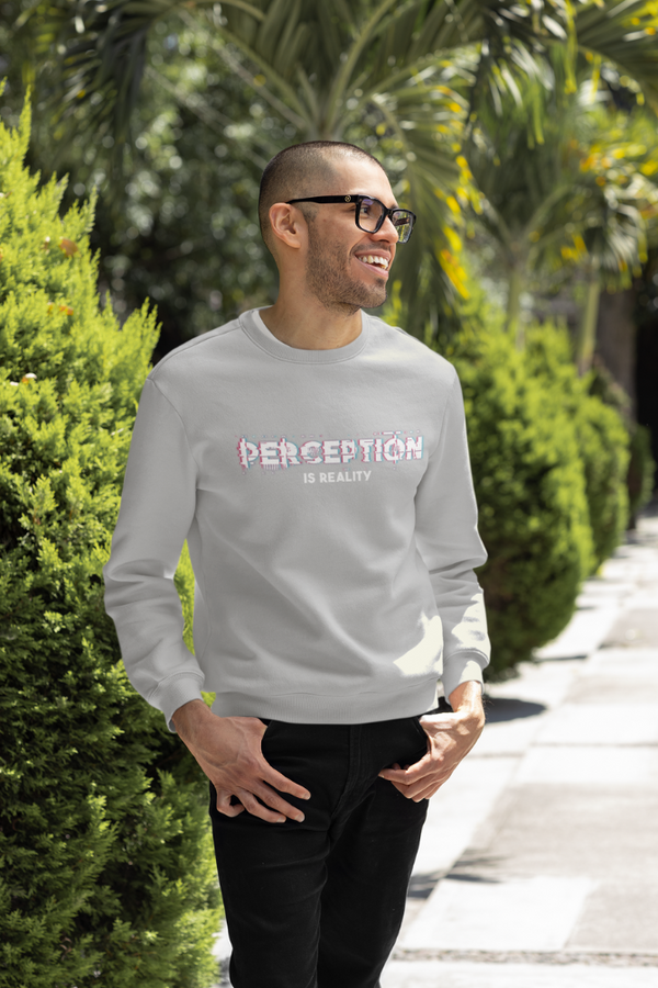 Perception Is Reality Grey Melange Printed Sweatshirt For Men - WowWaves