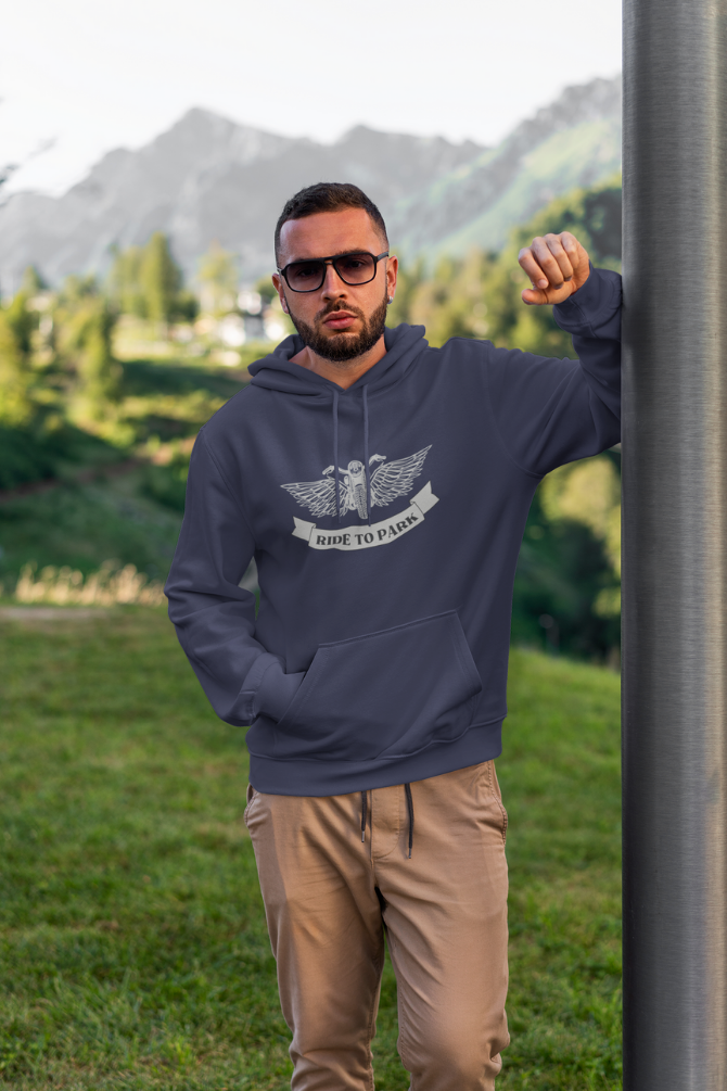 Ride To Park Navy Blue Printed Hoodie For Men - WowWaves