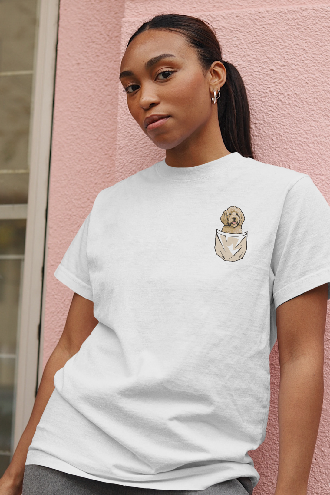 Puppy In Pocket Printed Oversized T-Shirt For Women - WowWaves - 3