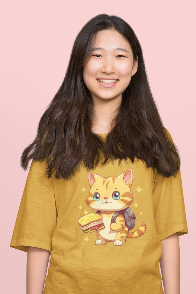 Happy Cat Lunch Mustard Yellow Printed Oversized T-Shirt For Women - WowWaves - 2