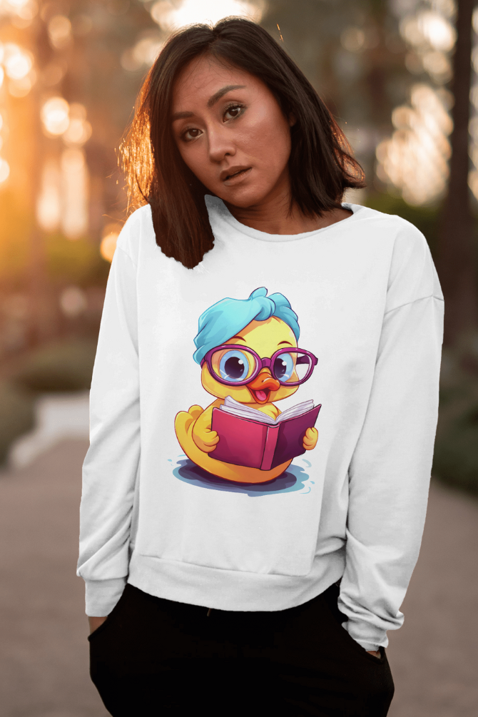 Reader Duck White Printed Sweatshirt For Women - WowWaves - 2