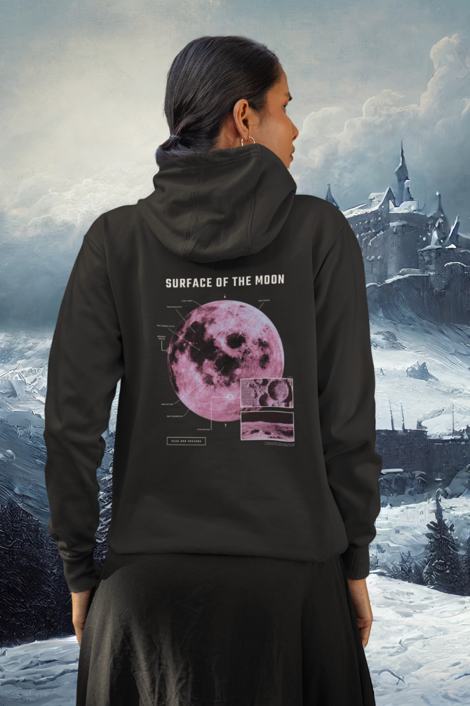 Moon In Space Black Printed Hoodie For Women - WowWaves