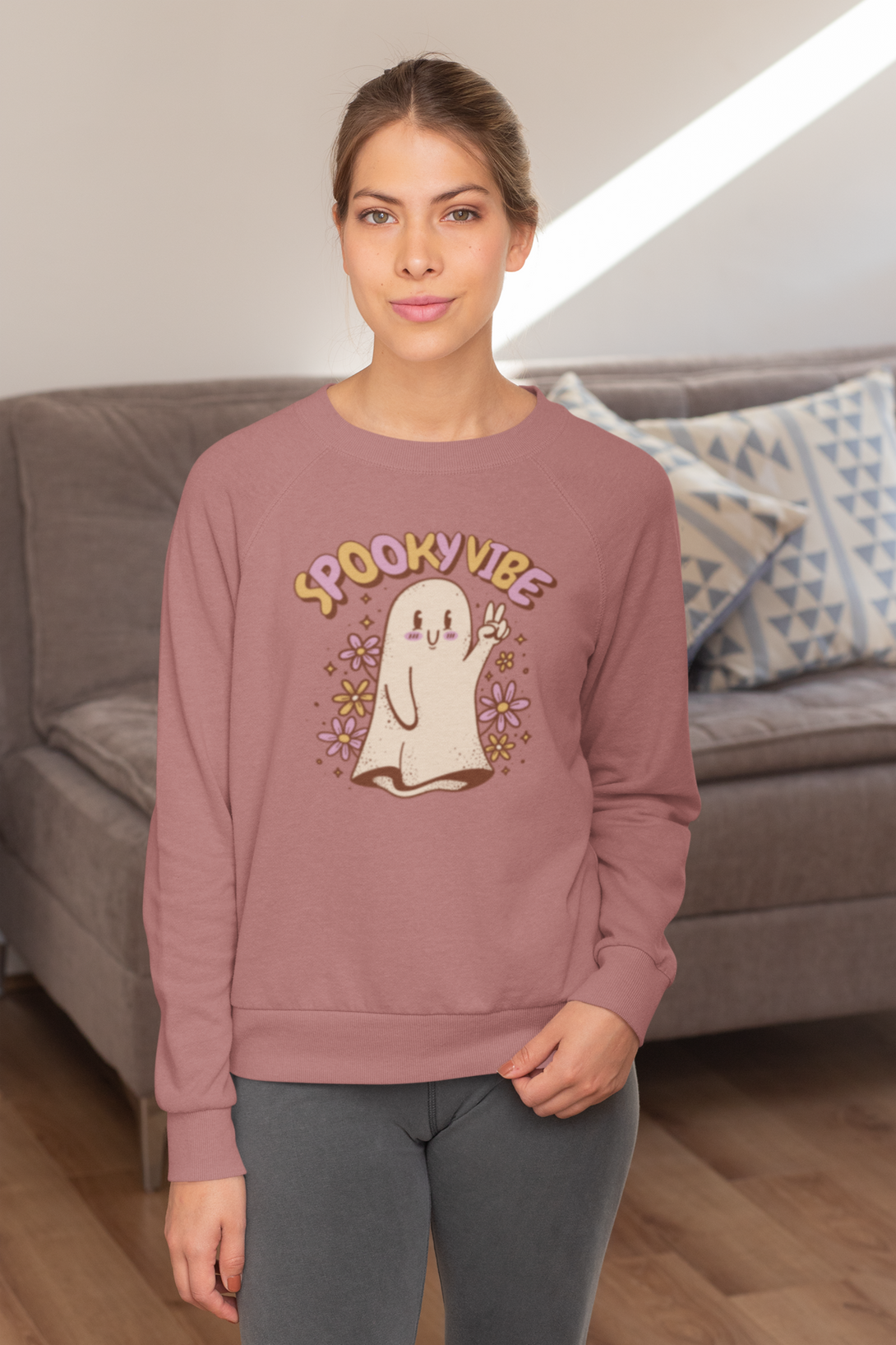 Spooky Vibe Cute Ghost Printed Sweatshirt For Women - WowWaves - 7
