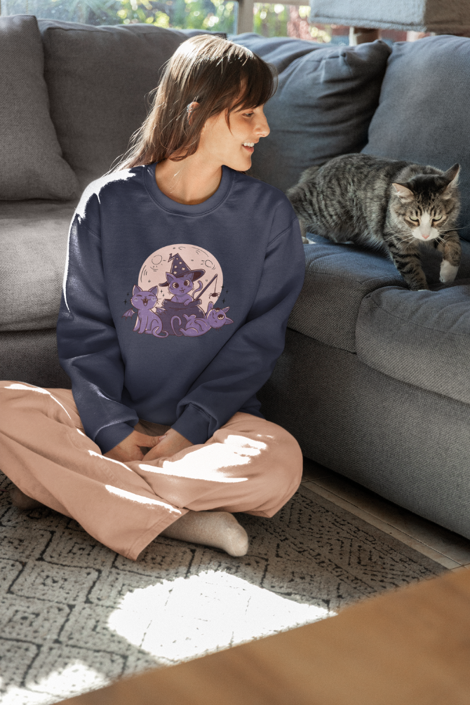 Halloween Cute Cats Navy Blue Printed Oversized Sweatshirt For Women - WowWaves - 2