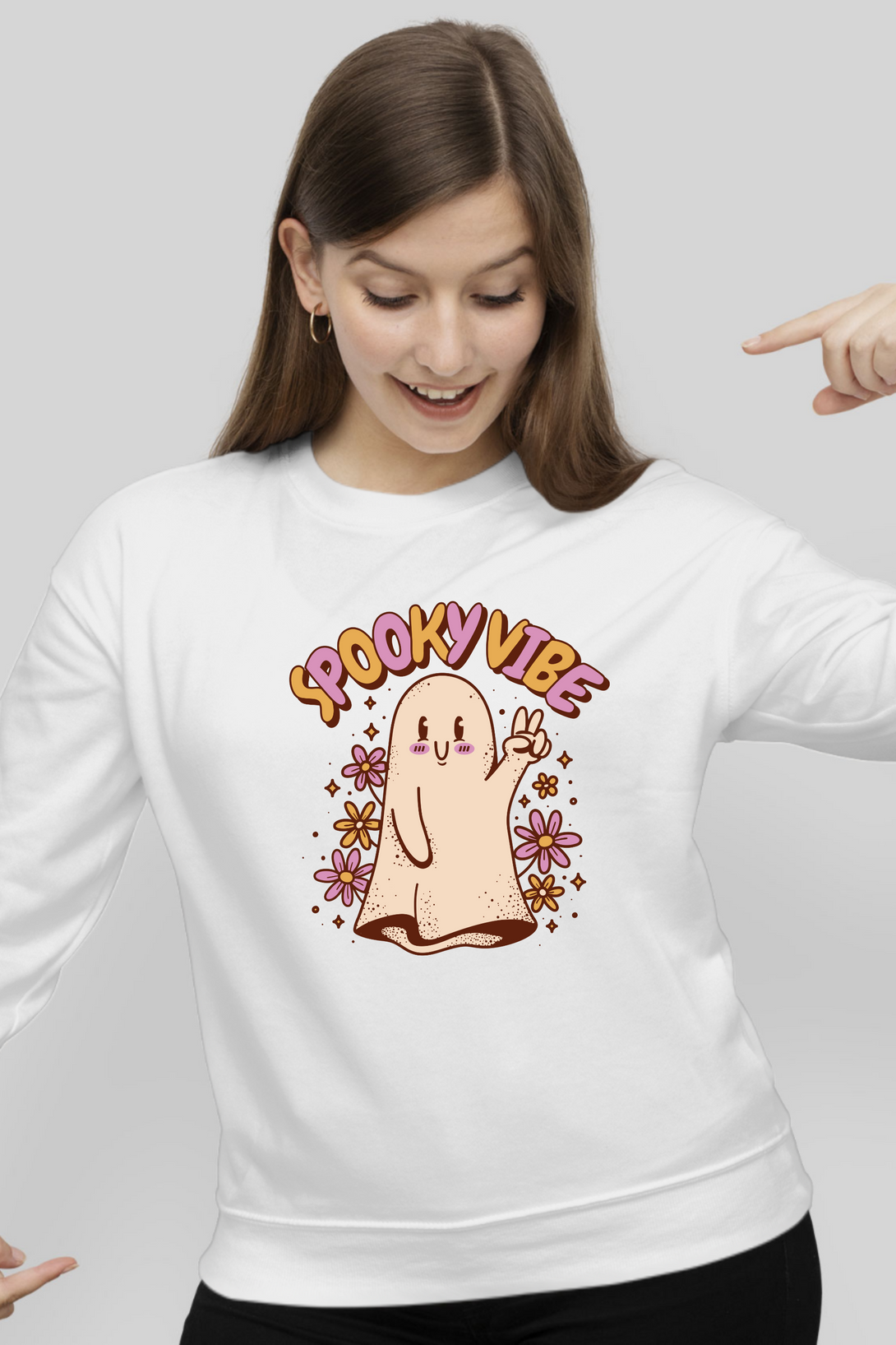 Spooky Vibe Cute Ghost Printed Sweatshirt For Women - WowWaves
