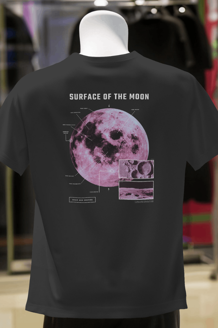 Moon In Space Black Printed Oversized T-Shirt For Women - WowWaves - 2