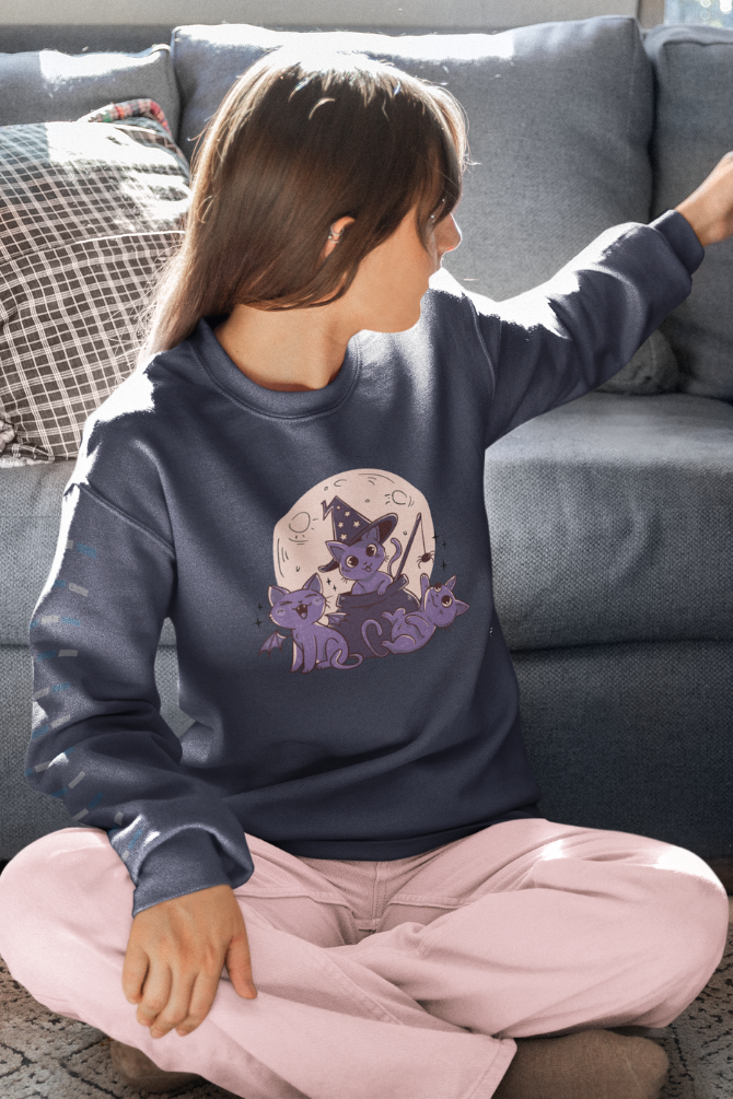 Halloween Cute Cats Navy Blue Printed Oversized Sweatshirt For Women - WowWaves - 3