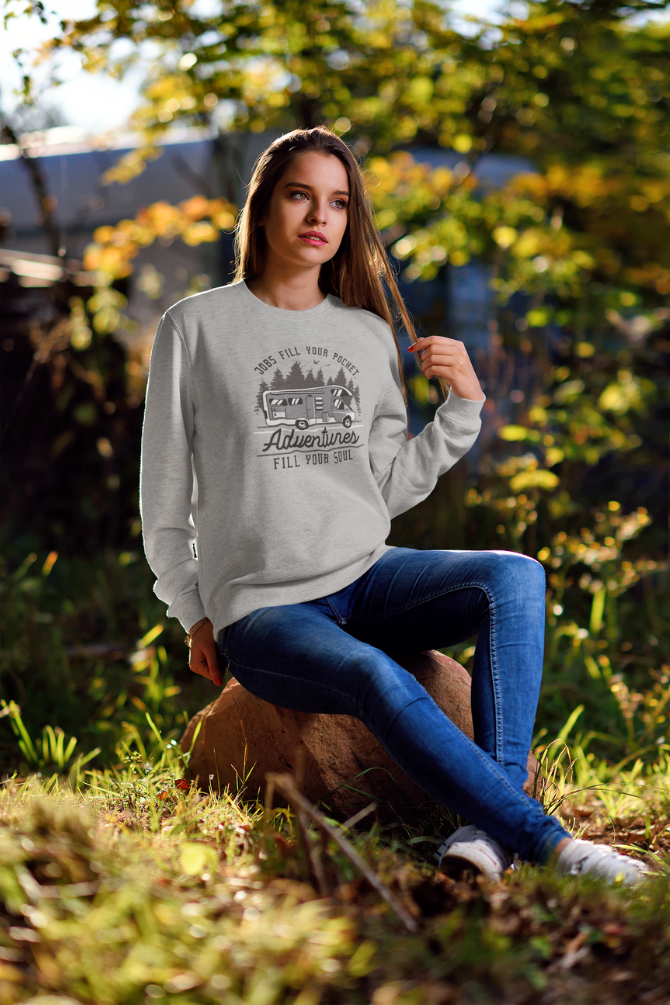Camper Van Adventure Grey Melange Printed Sweatshirt For Women - WowWaves - 2