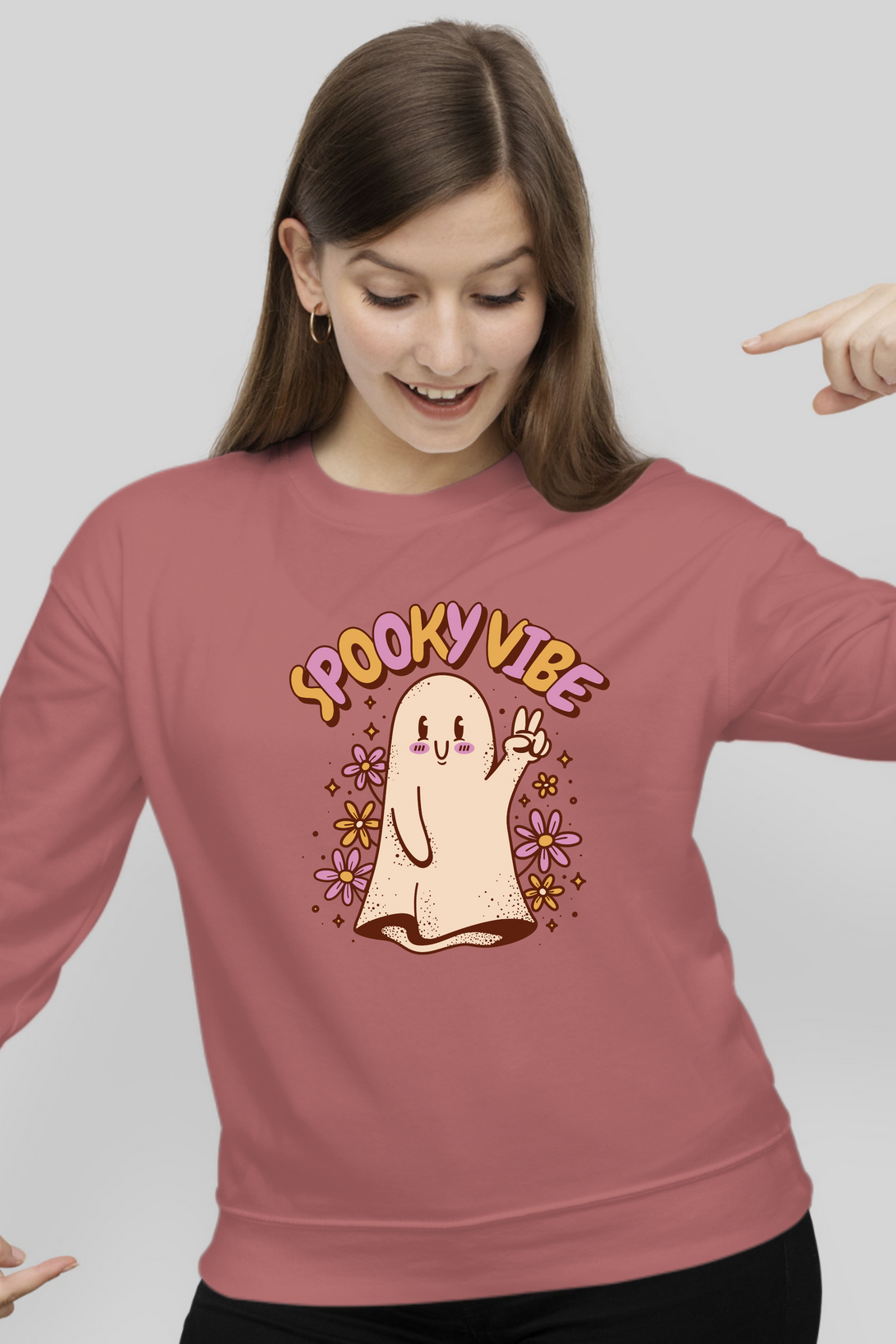 Spooky Vibe Cute Ghost Printed Sweatshirt For Women - WowWaves - 2