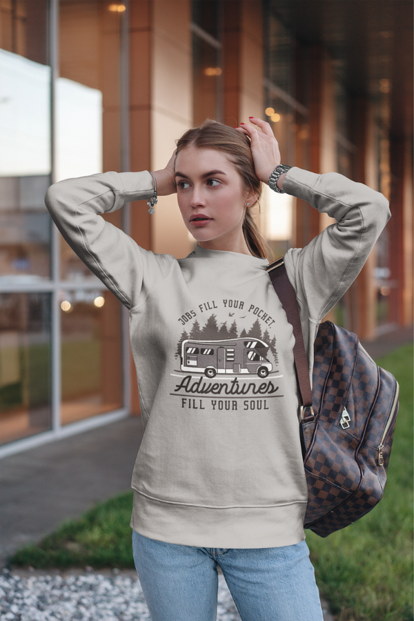 Camper Van Adventure Grey Melange Printed Sweatshirt For Women - WowWaves