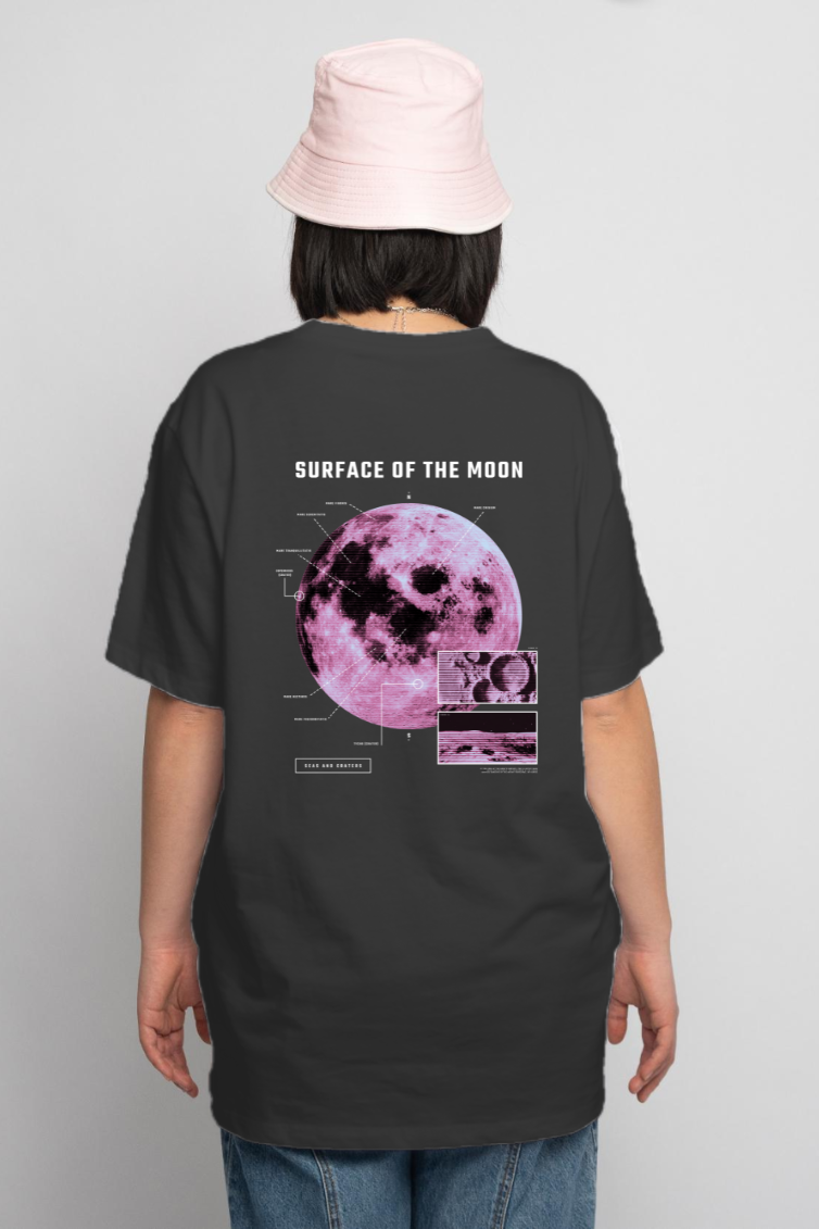 Moon In Space Black Printed Oversized T-Shirt For Women - WowWaves - 3