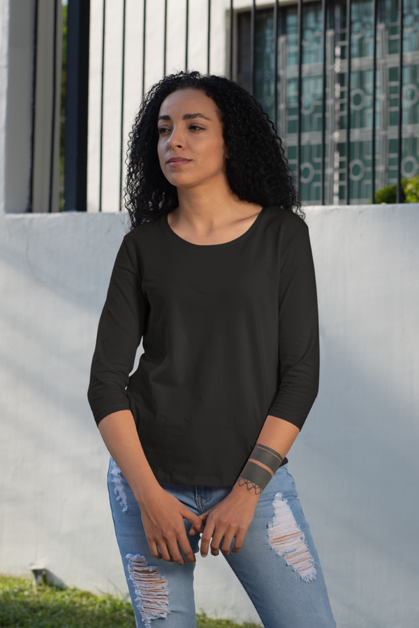Black 3 4Th Sleeve T-Shirt For Women - WowWaves