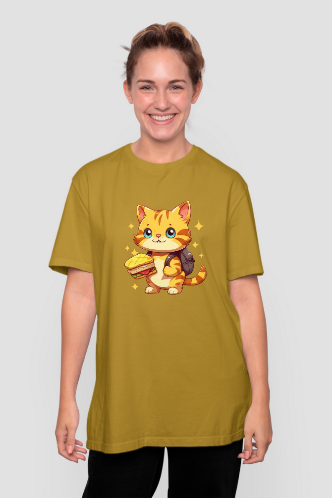 Happy Cat Lunch Mustard Yellow Printed Oversized T-Shirt For Women - WowWaves - 3