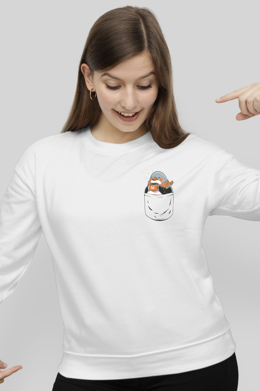 Penguin In Pocket White Printed Sweatshirt For Women - WowWaves - 2