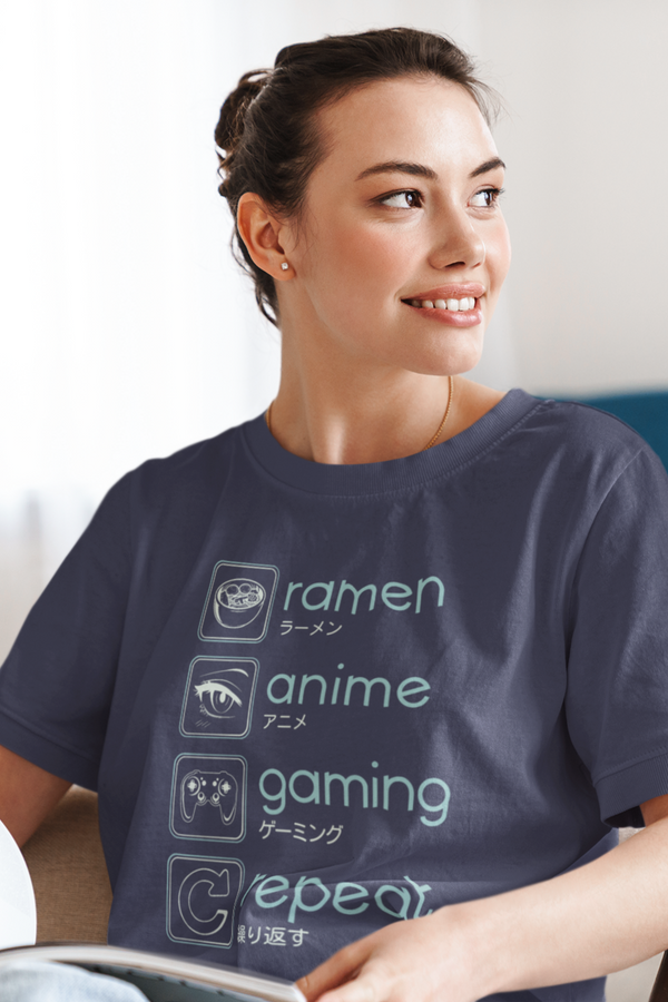 Anime And Gaming Routine Black Printed Oversized T-Shirt For Women - WowWaves