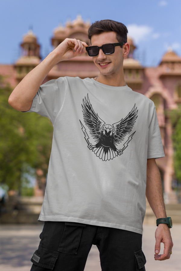 Angry Eagle Grey Melange Printed Oversized T-shirt for men-Printed Oversized T-Shirt-WD10444-Grey Melange-S-Wow Waves